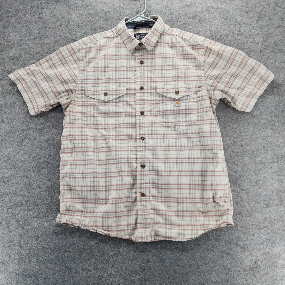 Carhartt Shirt Mens Large Button Up White Plaid Short Sleeve Rugged Flex